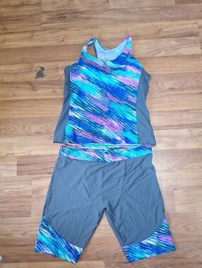 Abstract Blue & Teal Women’s Two-Piece Swim Tank with Gray Panels
